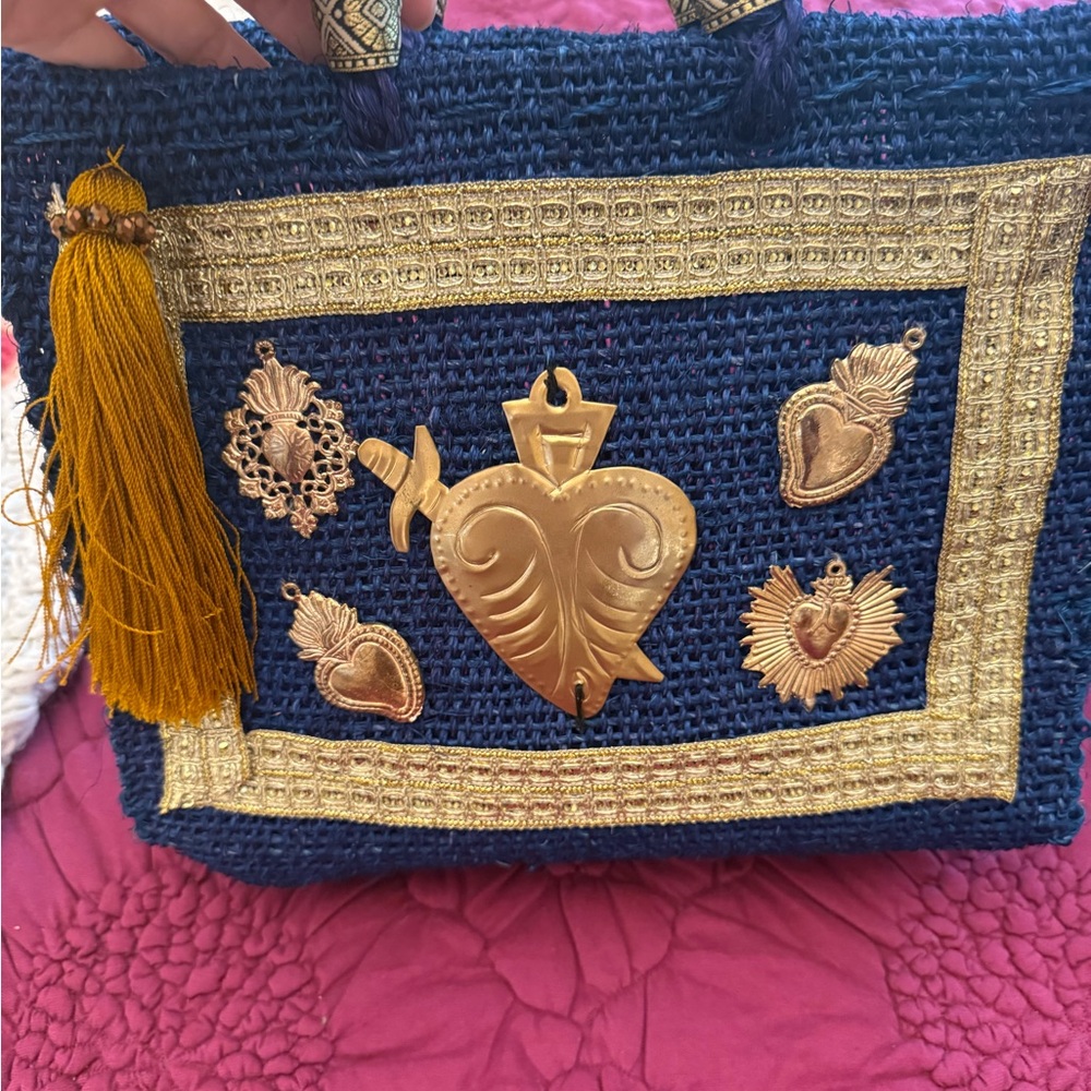 Blue and Gold Embellished Tote Bag